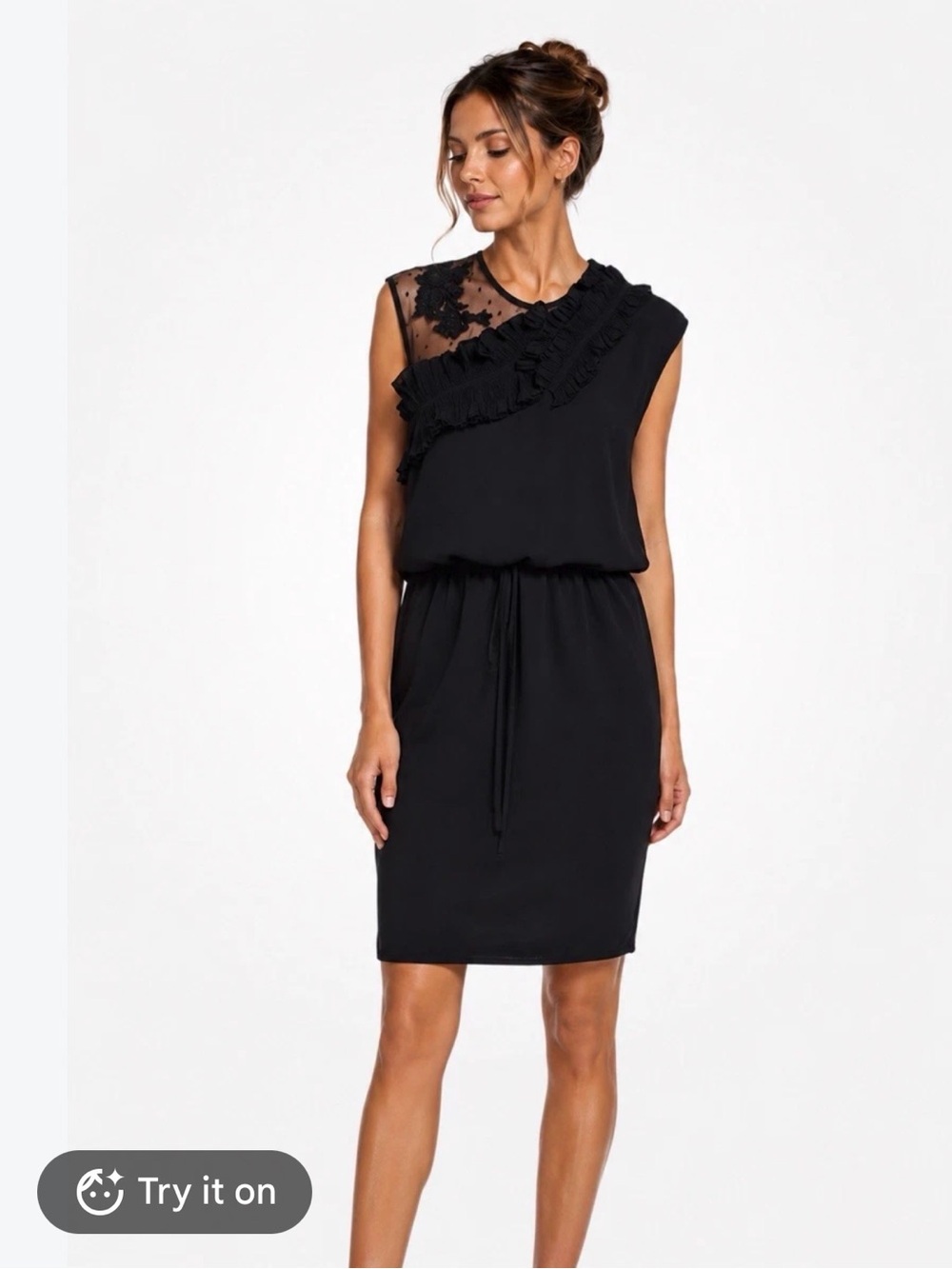 BCBGMaxAzria Black One-Shoulder Ruffle Lace Mini Dress